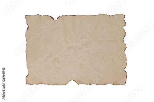 Single blank old dirty and burnt paper sheet isolated on white background
