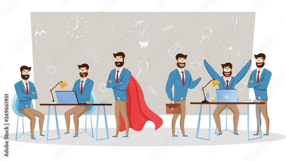 Illustration of happy Businessmen in different poses on gray background. Illustration of happy Businessmen in different poses on gray background.