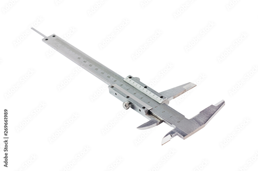 One metal vernier caliper isolated on white background. Industrial concept One metal vernier caliper isolated on white background. Industrial concept