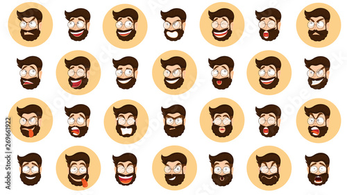 Different expression set with bearded man cartoon character on white background.