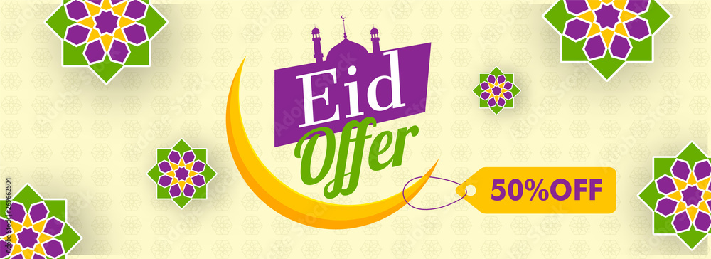 Fototapeta premium Eid Sale header or banner design with 50% discount offer and crescent moon on islamic pattern background.