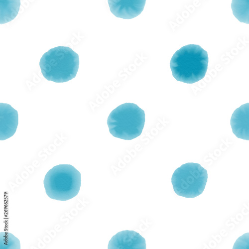 Seamless pattern with blue watercolour dots on white background.
