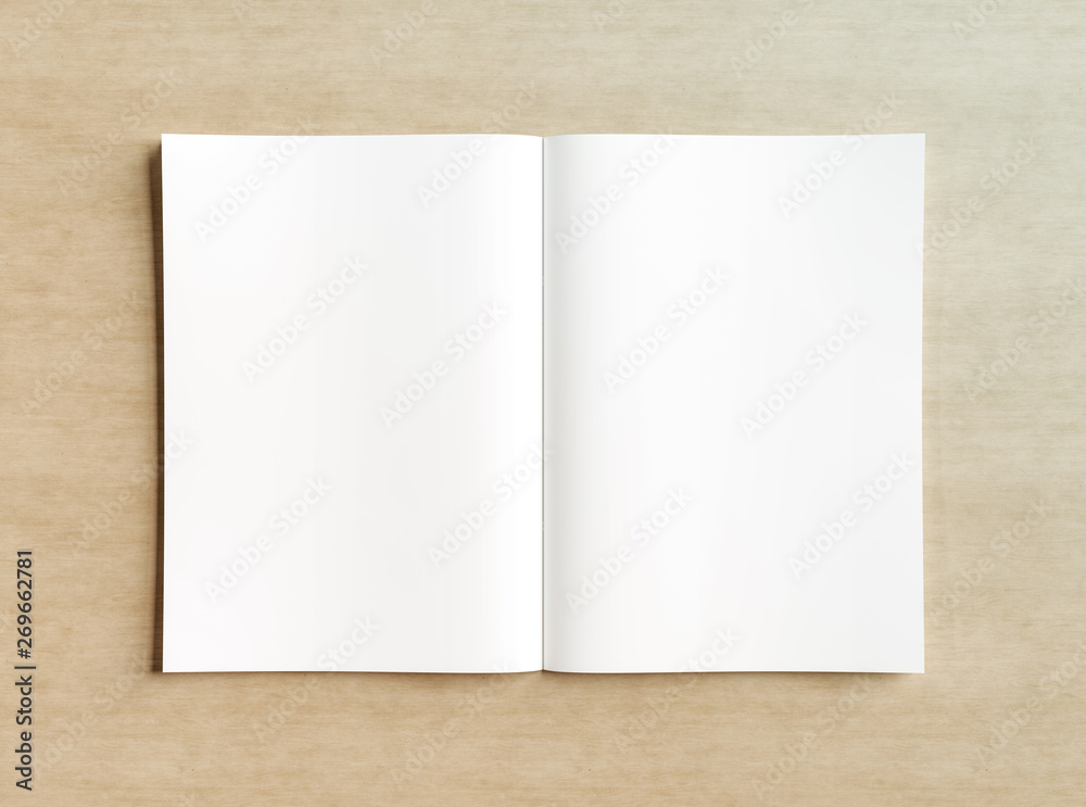White open magazine mockup on wooden 3D rendering White open magazine mockup on wooden 3D rendering