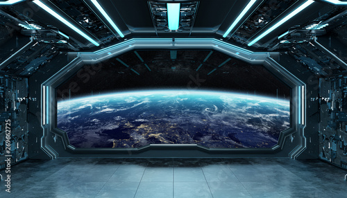 Fototapeta Naklejka Na Ścianę i Meble -  Dark blue spaceship futuristic interior with window view on planet Earth 3d rendering