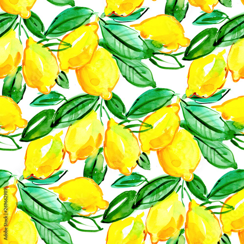 Lemon raster watercolor seamless pattern