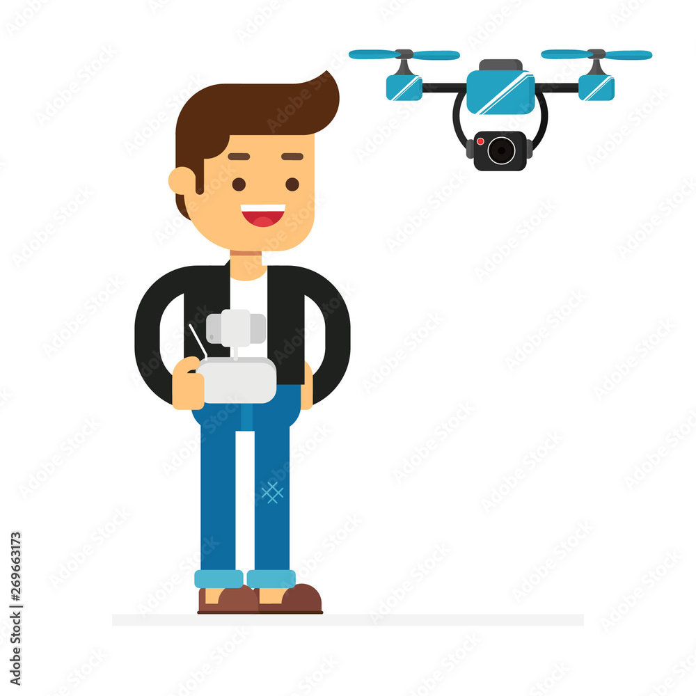 Man character avatar icon.Man controlling a flying drone Man character avatar icon.Man controlling a flying drone