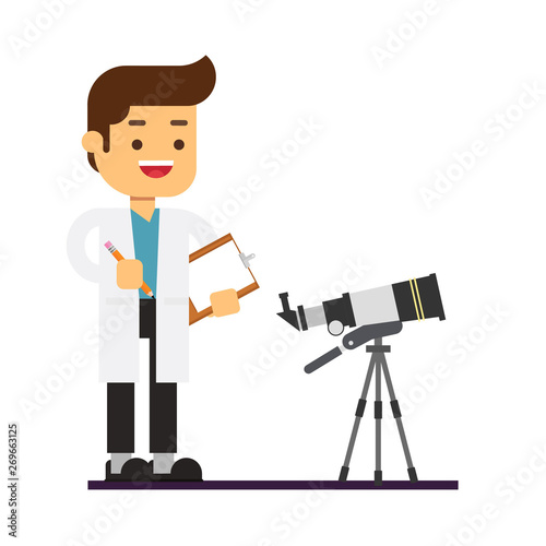 Man character avatar icon.Man astronomer in white lab coat standing near telescope