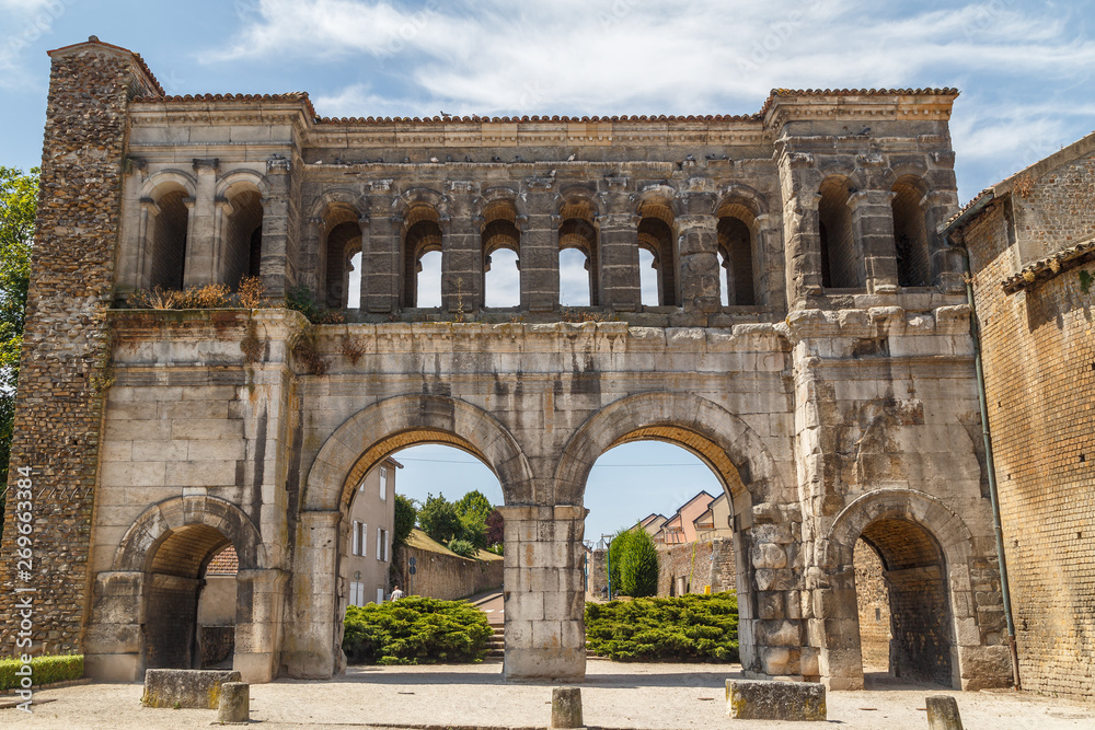 Ancient Roman ruins (east gate) in Autun historic town, France