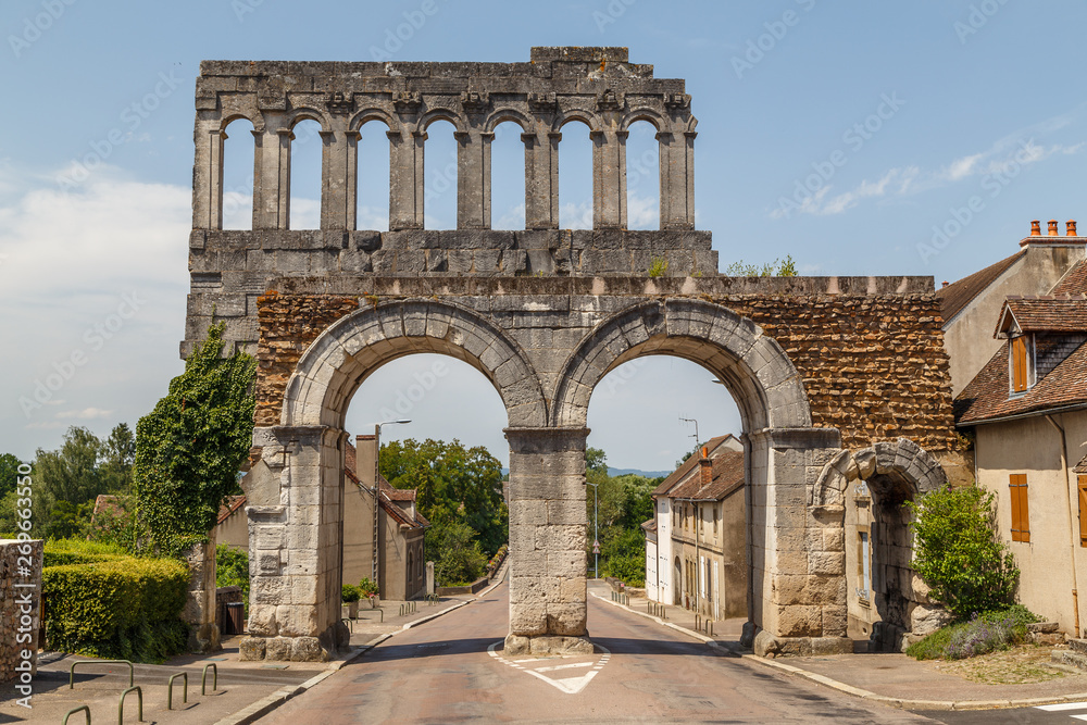 Ancient Roman ruins (north gate) in Autun historic town, France