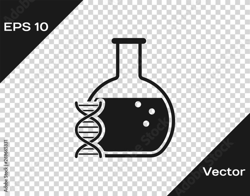 Grey DNA research, search icon isolated on transparent background. Genetic engineering, genetics testing, cloning, paternity testing. Vector Illustration