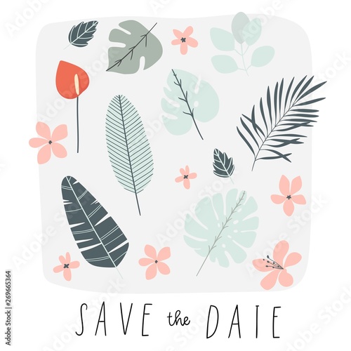 Summer illustration with palm leaves and tropical flowers. Summer time poster. Wedding invitation design. Vector illustration background
