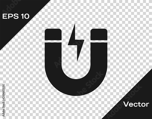 Grey Magnet with lightning icon isolated on transparent background. Horseshoe magnet, magnetism, magnetize, attraction sign. Vector Illustration