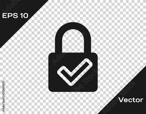 Grey Open padlock and check mark icon isolated on transparent background. Cyber security concept. Digital data protection. Safety safety. Vector Illustration