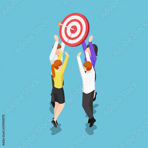 Isometric business team holding target with arrow in the center
