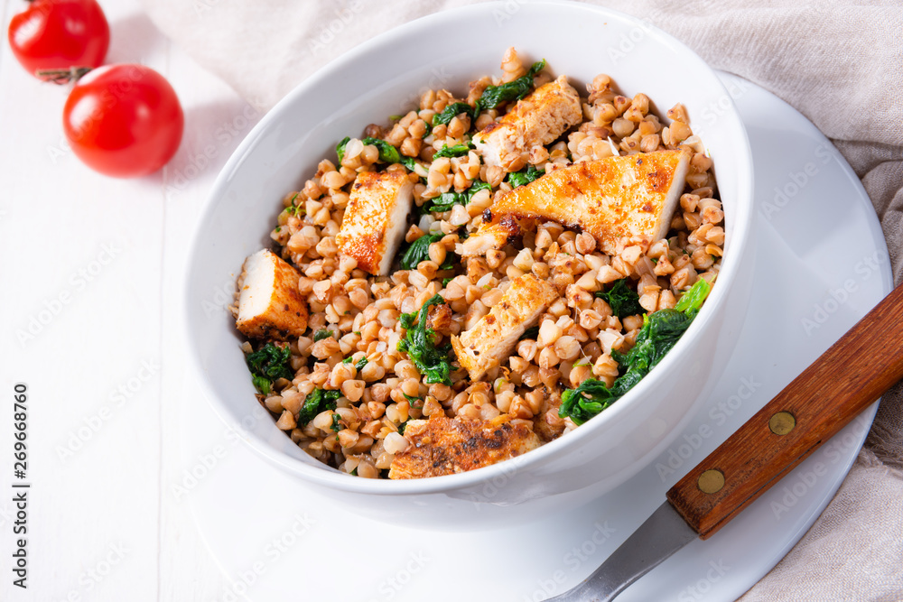 Kaszotto- polish food from buckwheat with grilled chicken Kaszotto- polish food from buckwheat with grilled chicken