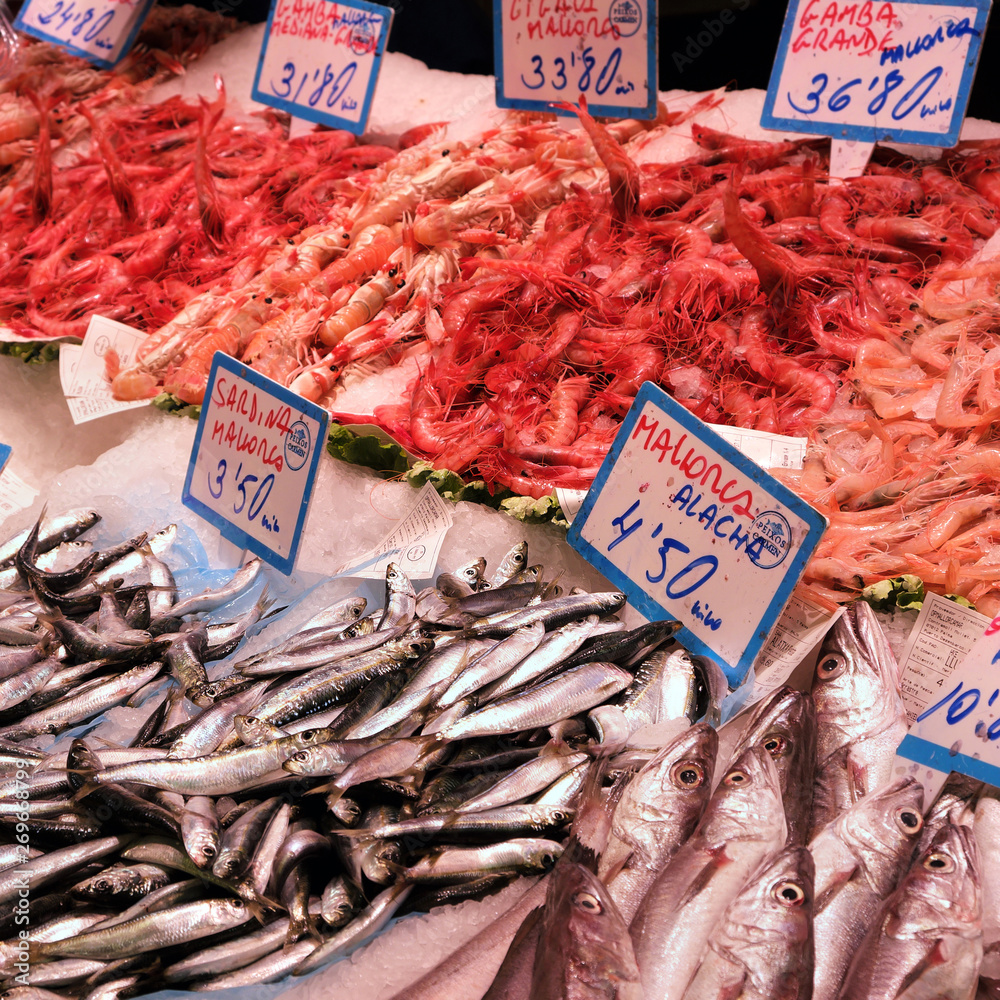 Palma Mallorca, Spain - March 20, 2019 : fresh fish and seafood display for sale in the local fish market stall