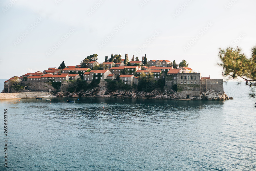 Beautiful view of the island of Sveti Stefan in Montenegro. One of the famous sights of Montenegro.