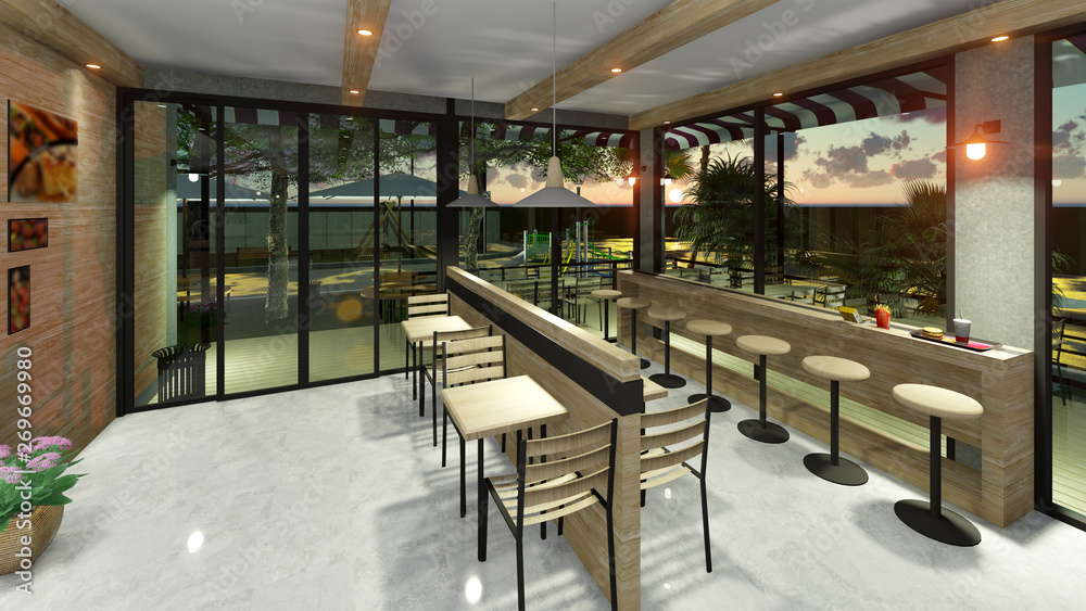 fast food restaurant  interior 3D render