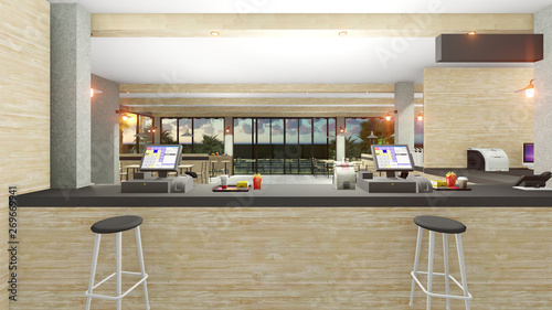 fast food restaurant  interior 3D render