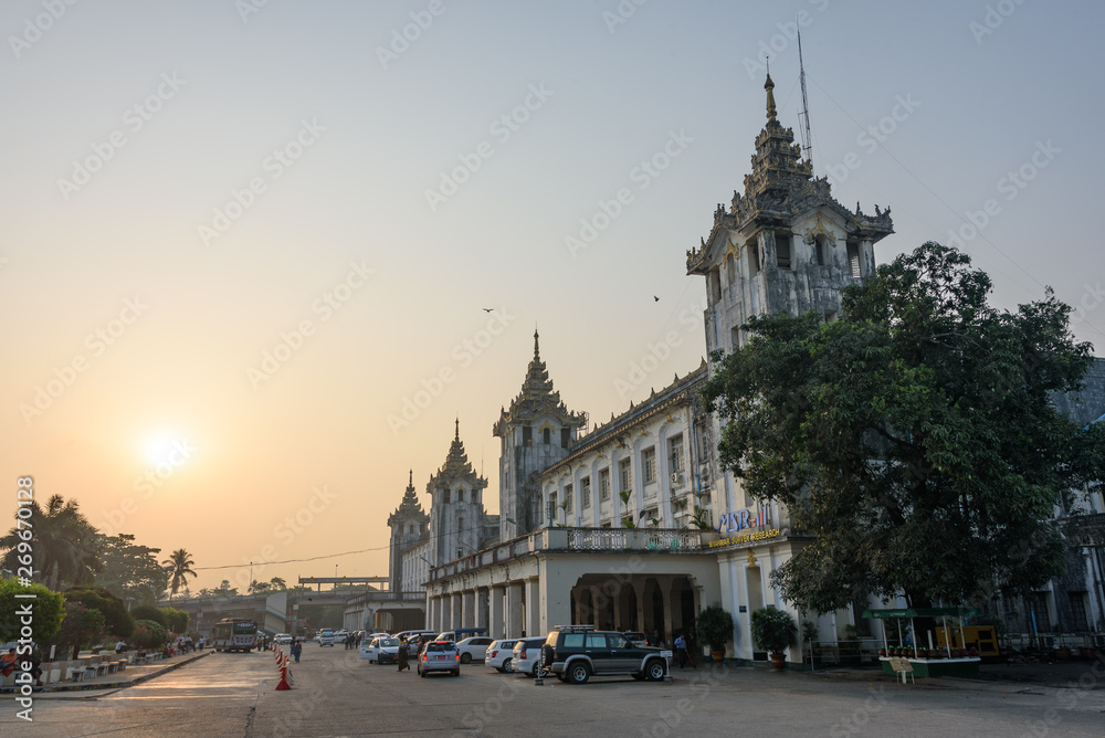 Beautiful Yangon Central Railway Station during sunrise