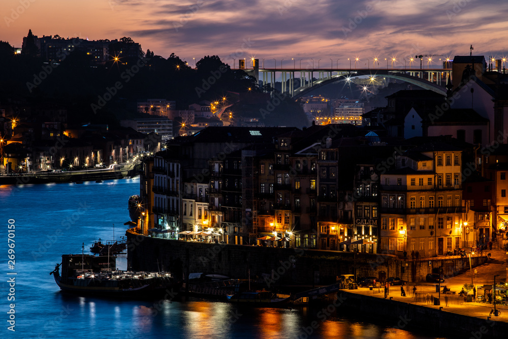 Porto at river Douro to the sunset