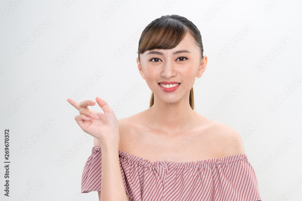 happy woman beautiful smile index finger happy woman beautiful smile index finger