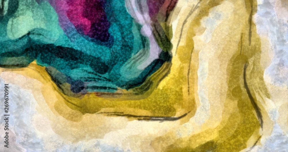Abstract acrylic background. Watercolor texture. Psychedelic crazy art. Unusual elegant design pattern. Warm and very bright pastel colors. Dry liquid little acrylic effect. Swirls and waves elements.