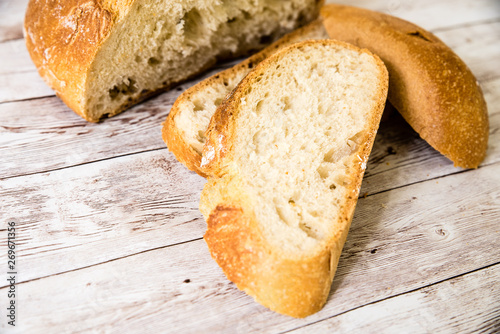 sliced bread on wooden table