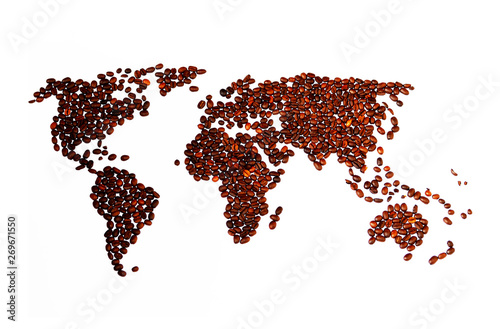 World's map from coffee beans on white background, geography ,photo 