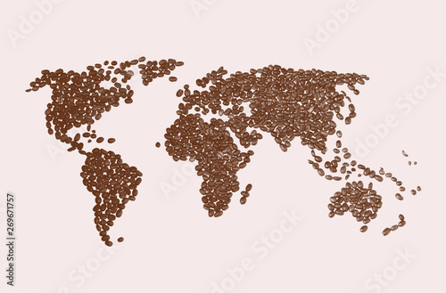 World's map from coffee beans, geography ,vintage photo 