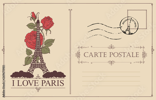 Retro postcard with the famous french Eiffel tower in Paris, France. Vector postcard in vintage style with words I love Paris, french landmark, roses, postmark and place for text