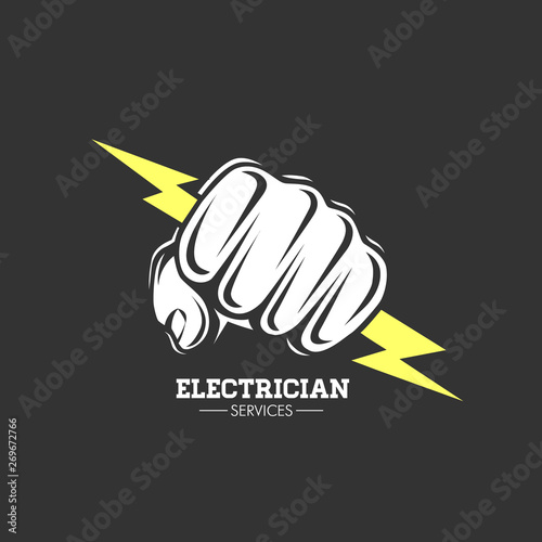 Leinwand Poster Electrician services Hand holding a lighting Bolt.