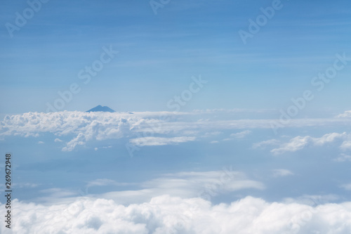 overlooking mount agung volcano from the air