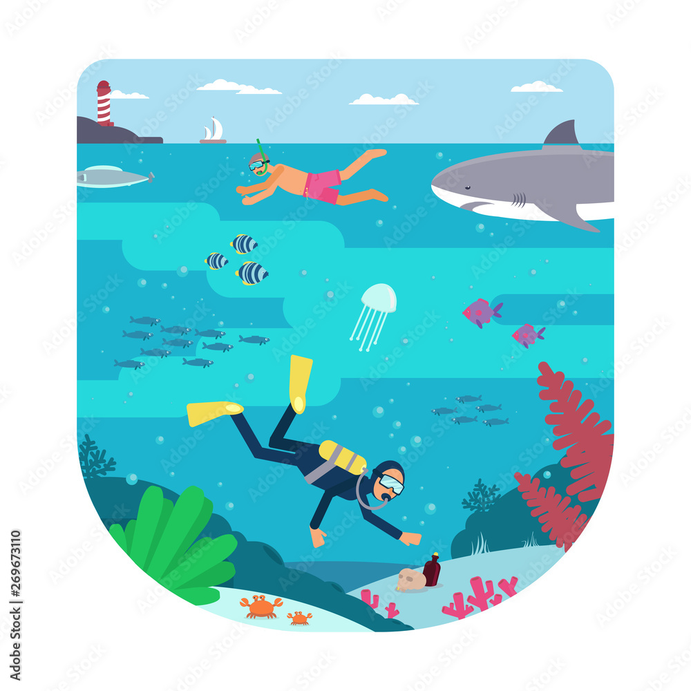 Naklejka premium Underwater activities flat vector illustration