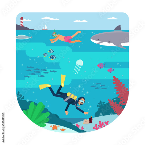 Underwater activities flat vector illustration
