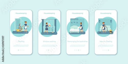 Chambermaid chores mobile app vector illustration set