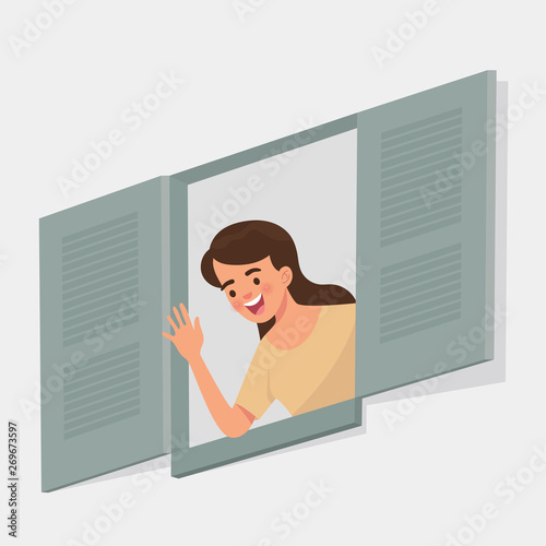young woman say hi from the window
