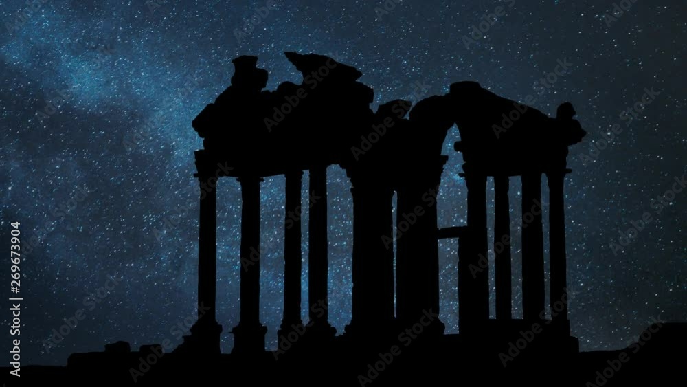 Tetrapylon by Night with Stars and Milky Way, Monumental Gate dedicated to Aphrodite, the Greek Goddess of Love, Aphrodisias, Turkey