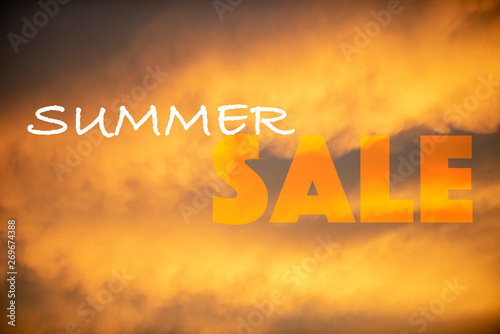 Summer sale sign with a beautiful scene of clouds and sunset atmosphere indicating a hot and vibrant special shopping promotion.