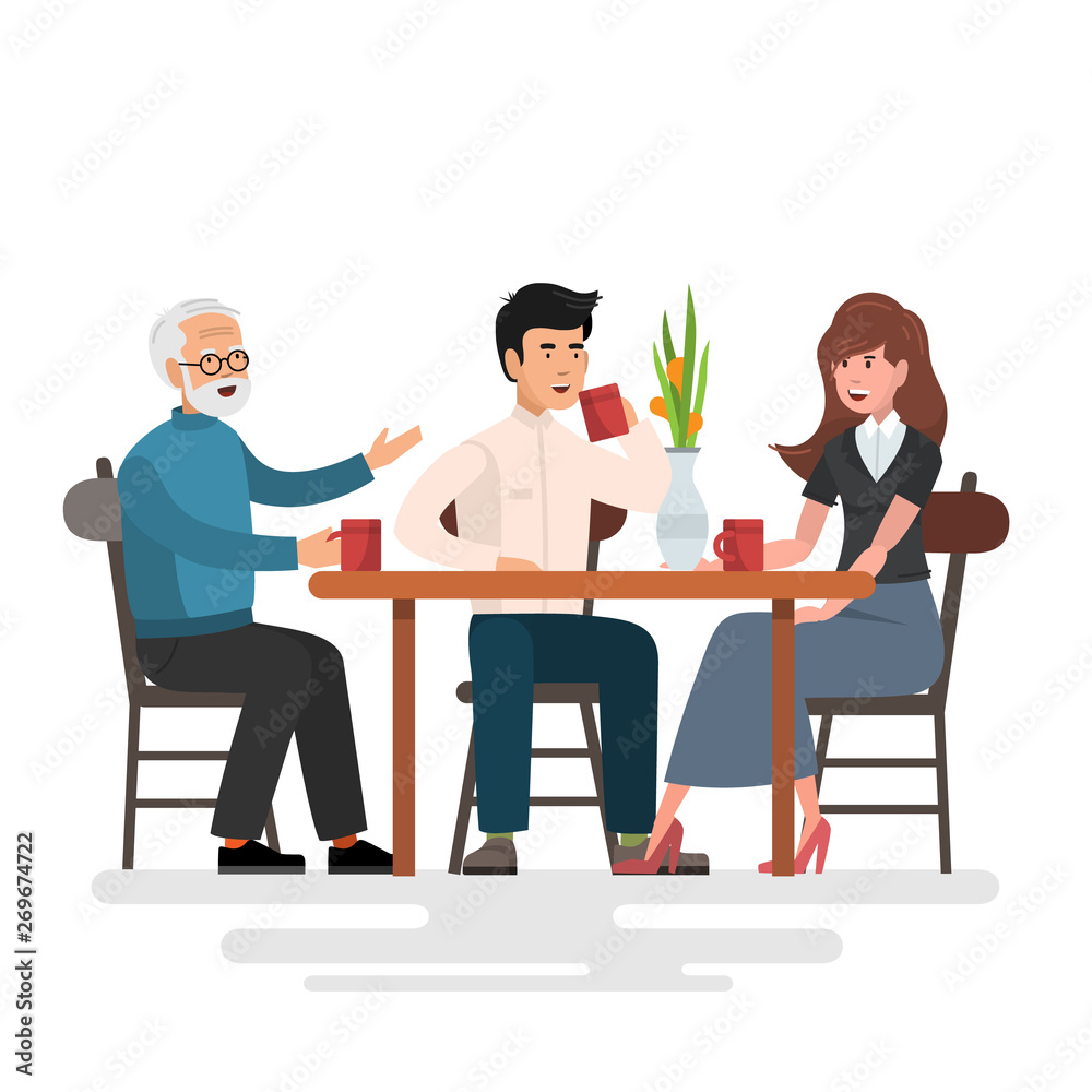 Three cheerful friends chatting while lunch in restaurant.