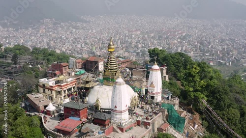 Nepal, Kathmandu. Swayambhunath temple. Aerial footage