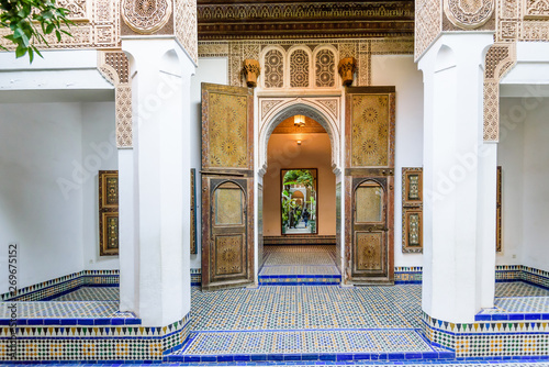 Sightseeing of Morocco. Courtyard at El Bahia Palace in Marrakech old town, Morocco