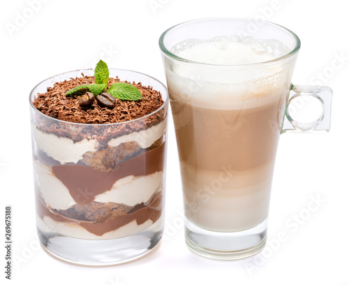 Classic tiramisu dessert in a glass and cup of coffee isolated on a white background with clipping path
