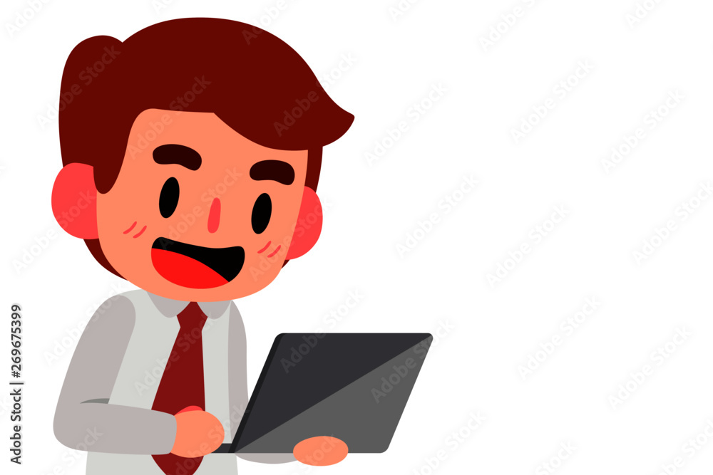Illustration vector flat image Handsome Businessman or manager  using laptop and smiling