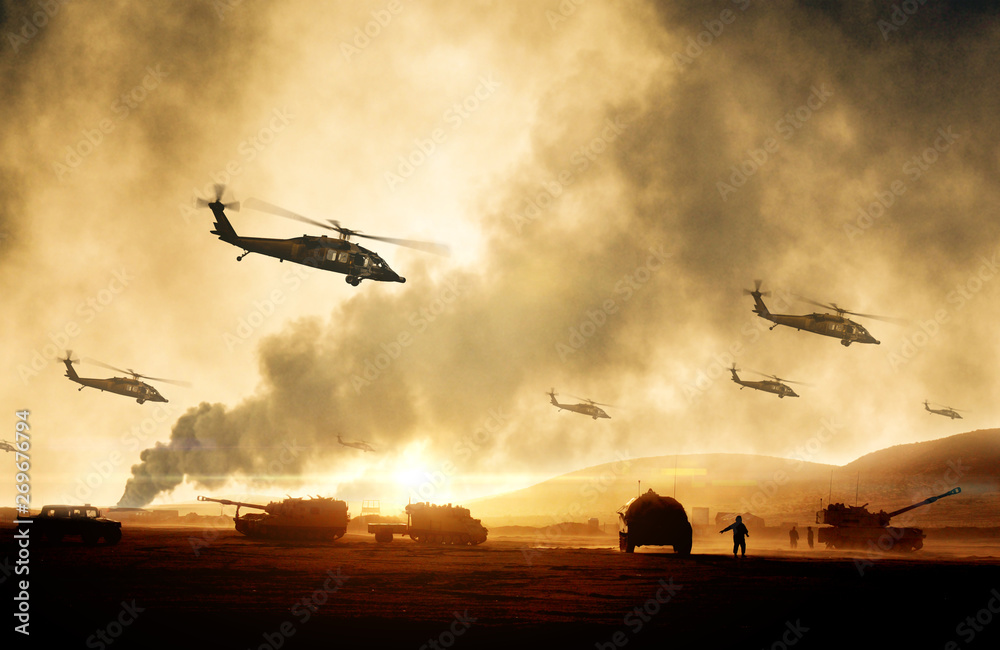 Fototapeta premium Wojskowe helikoptery, siły i czołgi w samolocie podczas wojny o zachodzie słońca
