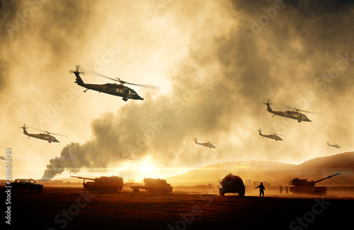 Fotografie, Obraz Military helicopters, forces and tanks in plane in war at sunset