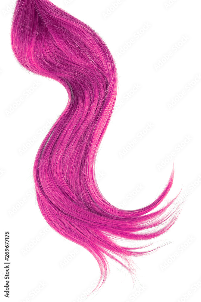 Pink hair isolated on white background. Long wavy ponytail