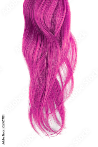 Pink hair isolated on white background. Long wavy ponytail