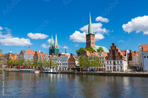 Classic panorama view of the historic city of Luebeck with famous Trave river in summer, Schleswig-Holstein, Germany