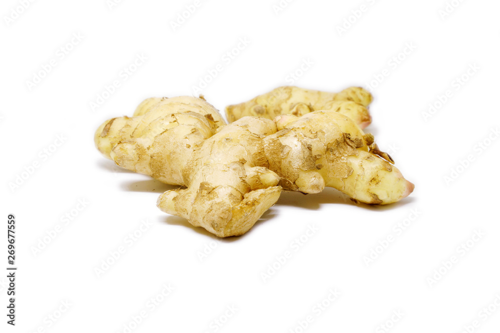 Raw ginger root isolate on white background. Ginger root originated as ground flora of tropical lowland forests in regions from the Indian. Widely used as a spice or a folk medicine. Raw ginger root isolate on white background. Ginger root originated as ground flora of tropical lowland forests in regions from the Indian. Widely used as a spice or a folk medicine.